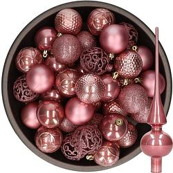 Foto van 37x stuks kunststof kerstballen 6 cm incl. glazen piek glans oudroze - kerstbal