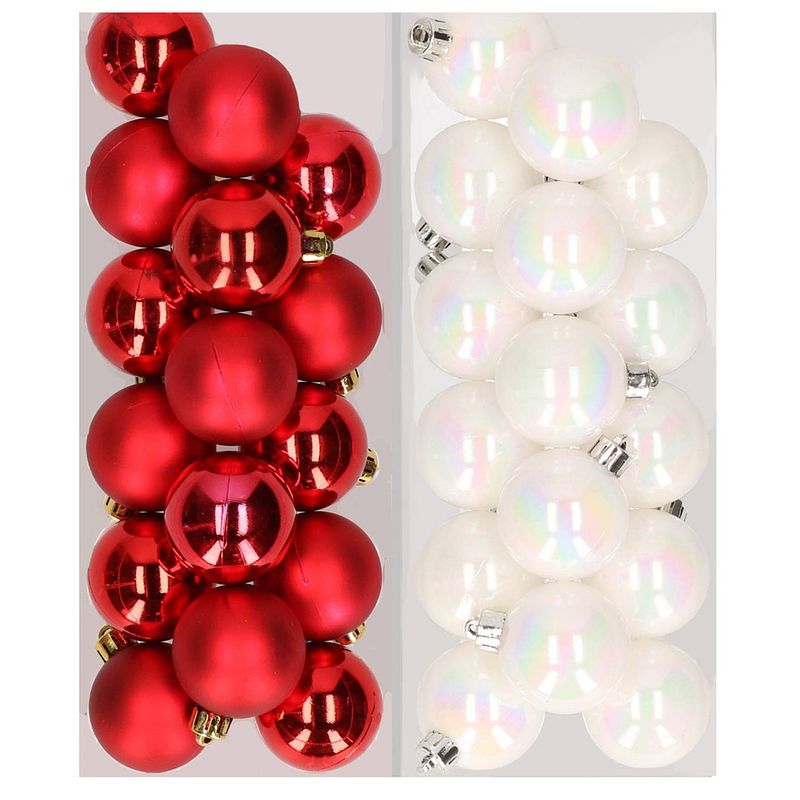 Foto van 32x stuks kunststof kerstballen mix van rood en parelmoer wit 4 cm - kerstbal