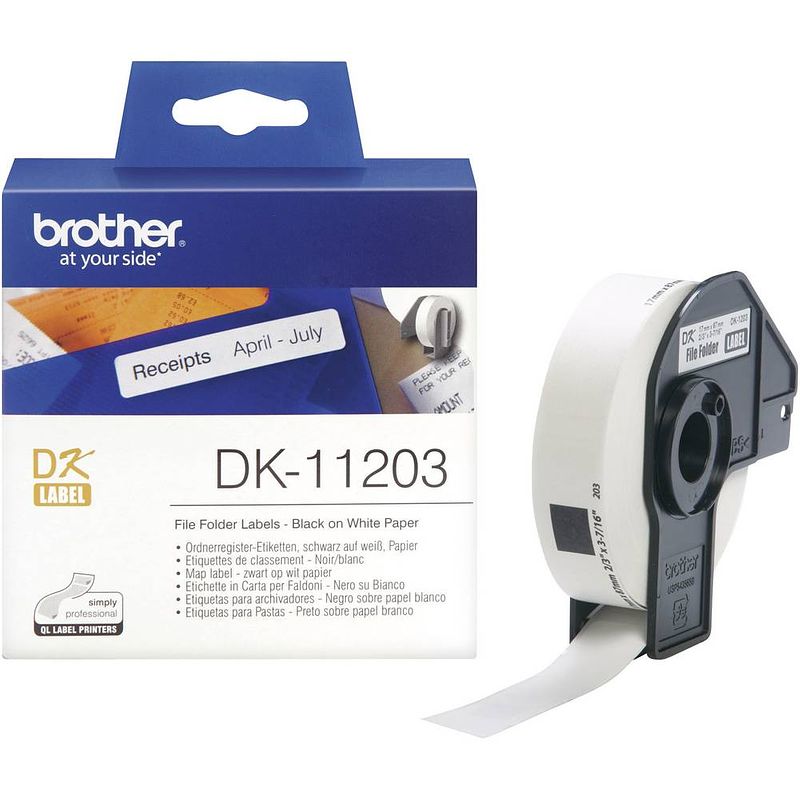 Foto van Brother dk-11203 rol met etiketten 17 x 87 mm papier wit 300 stuk(s) permanent dk11203 etiketten voor ordnerinhoudsopgaves