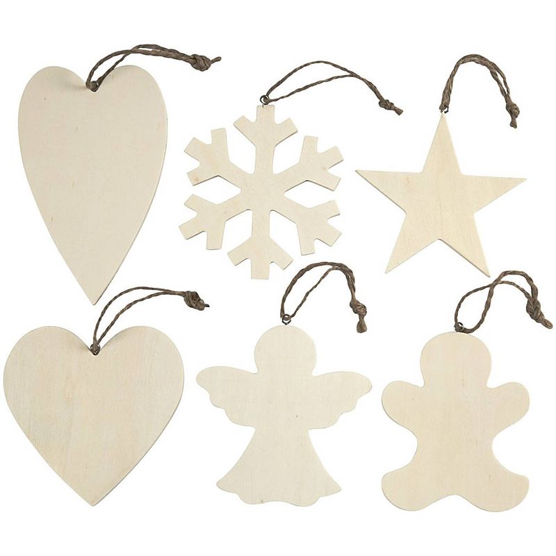 Foto van 6x kersthangers houten ornamenten 9-11 cm kerstboomversiering - kersthangers