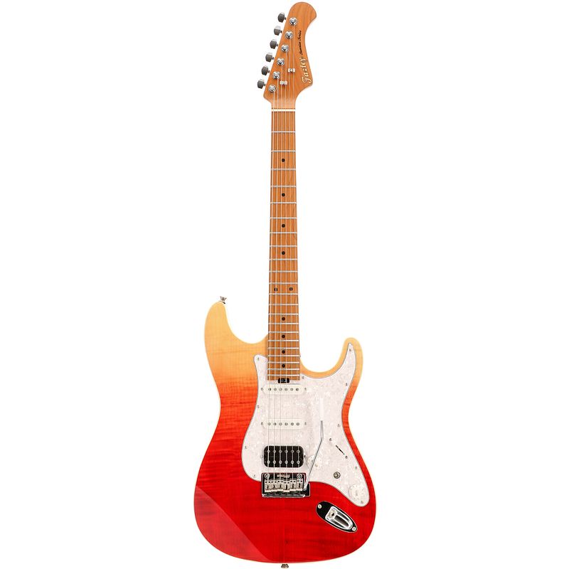 Foto van Fazley sunrise series shore red sea fade elektrische gitaar met deluxe gigbag