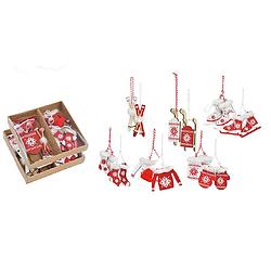 Foto van 12x stuks houten kersthangers wit/rood wintersport thema kerstboomversiering - kersthangers