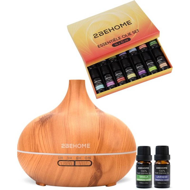 Foto van 2behome® aroma diffuser 550ml met afstandsbediening - incl. 16 etherische oliën - lichte houtlook - 7 led kleuren