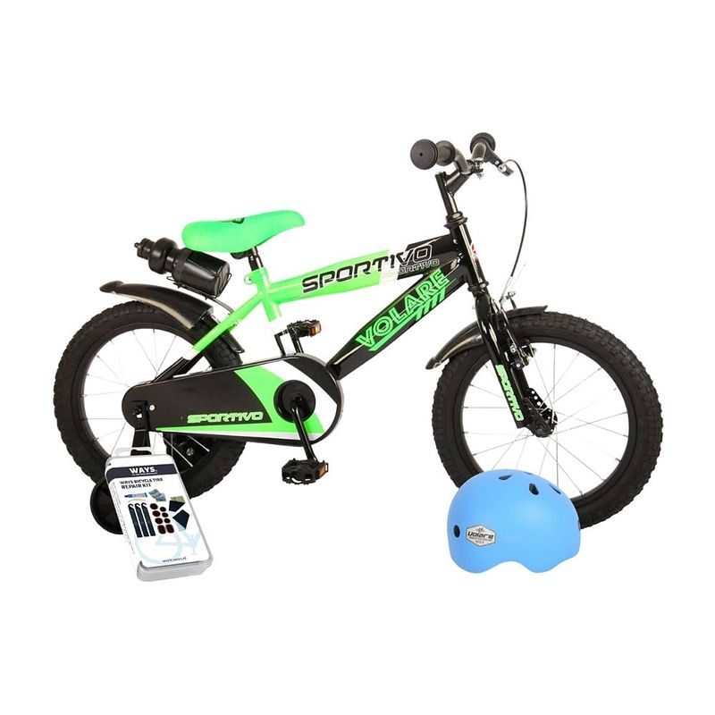 Foto van Volare kinderfiets sportivo - 16 inch - groen/zwart - inclusief fietshelm & accessoires