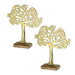 Foto van 2x stuks decoratie levensboom van aluminium op houten voet 30 cm goud - beeldjes