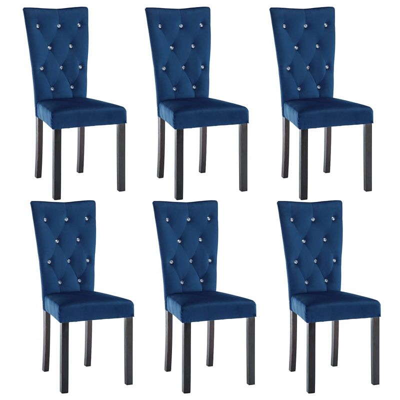 Foto van The living store velvet dining chairs - set van 6 - donkerblauw - 43x51x98 cm - kristalvormige knopen - massief houten