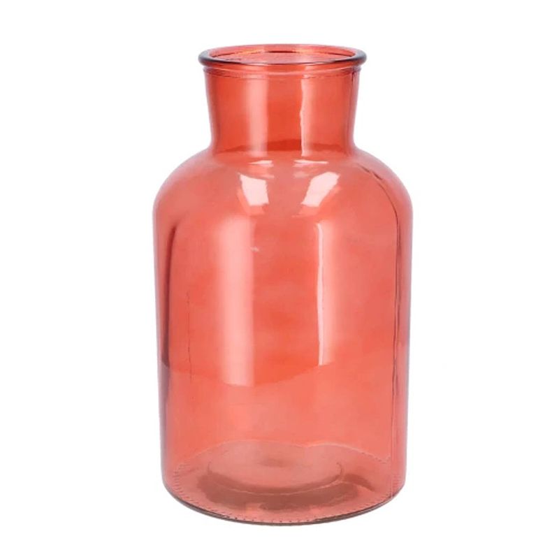 Foto van Dk design bloemenvaas melkbus fles - helder glas koraalroze - d17 x h30 cm - vazen