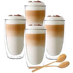 Foto van Luxe latte macchiato glazen dubbelwandig - koffieglazen - cappuccino glazen - gratis lepels - 380 ml - set van 4
