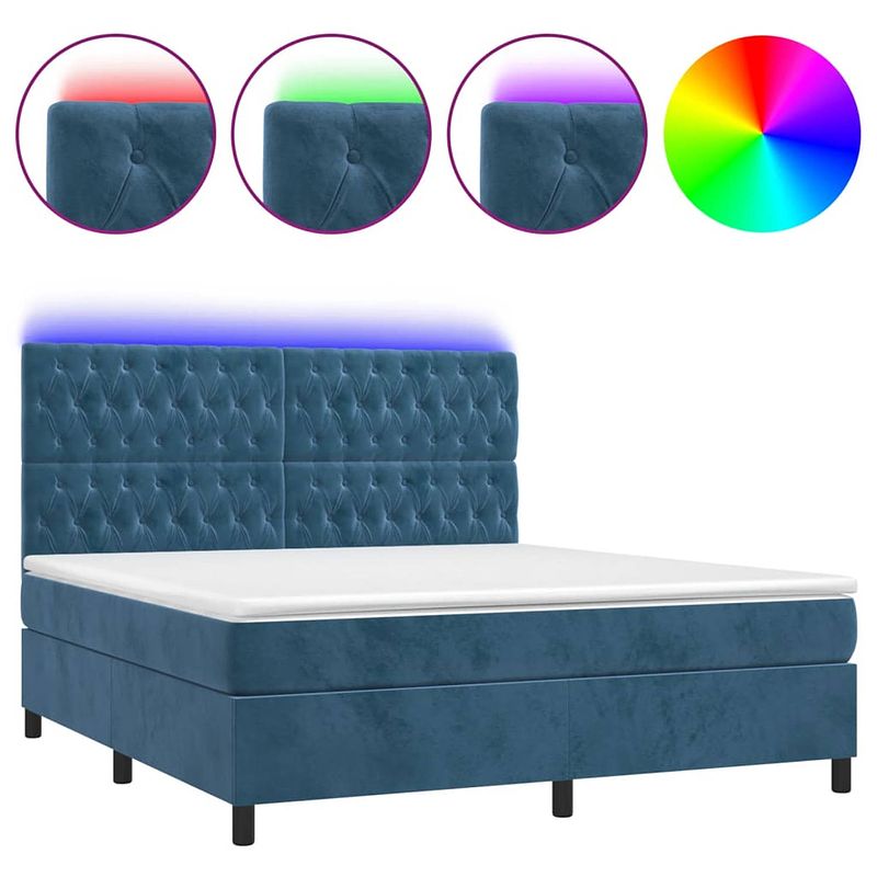 Foto van The living store boxspring - fluwelen bed met led - 203 x 180 x 118/128 cm - donkerblauw