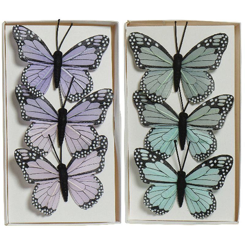 Foto van 6x stuks decoratie vlinders op draad - blauw - paars - 6 cm - hobbydecoratieobject