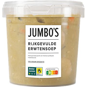 Foto van Jumbo'ss rijkgevulde erwtensoep 1000g aanbieding bij jumbo | 25% korting