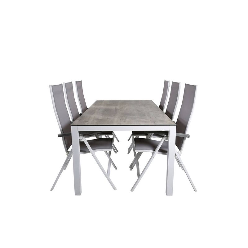 Foto van Llama tuinmeubelset tafel 100x205cm en 6 stoel l5pos albany wit, grijs, crèmekleur.