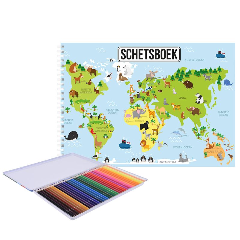 Foto van A4 aarde/wereldmap schetsboek/ tekenboek/ kleurboek/ schetsblok wit papier met 36x kleurpotloden - schetsboeken