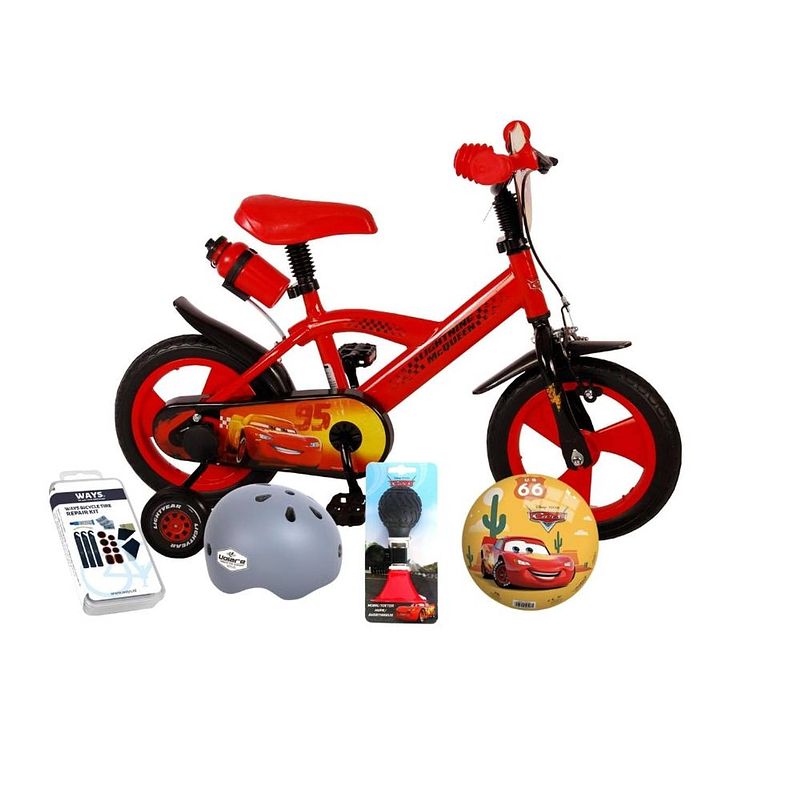 Foto van Volare kinderfiets - disney cars - 12 inch - doortrapper - met bidonhouder - met fietshelm + accessoires