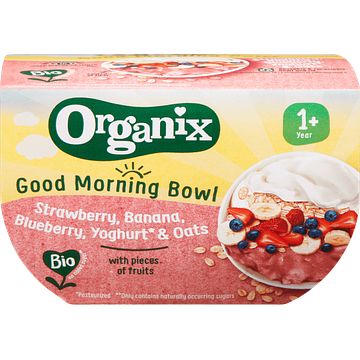 Foto van Organix fruitpuree good morning bowl aardbei, banaan, bes, yoghurt en haver kuipje 120 g bij jumbo