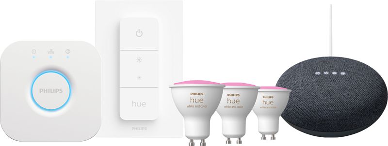 Foto van Philips hue white and color starter pack gu10 3-pack + dimmer + bridge + google nest mini