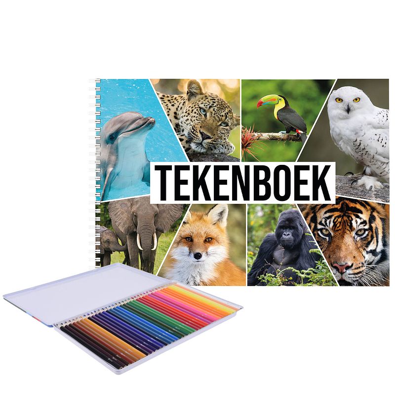 Foto van A4 wilde dieren schetsboek/ tekenboek/ kleurboek/ schetsblok wit papier met 36x kleurpotloden - schetsboeken