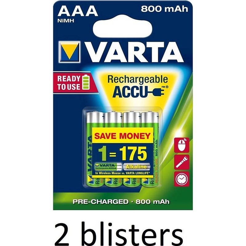 Foto van 8 stuks(2 blisters a 4 stuks) varta aaa oplaadbare batterijen - 800mah