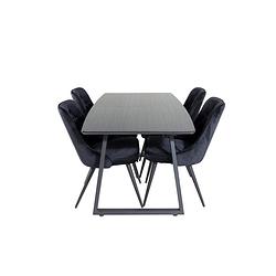 Foto van Incablbl eethoek eetkamertafel udtræksbord længde cm 160 / 200 zwart en 4 velvet deluxe eetkamerstal velours zwart.