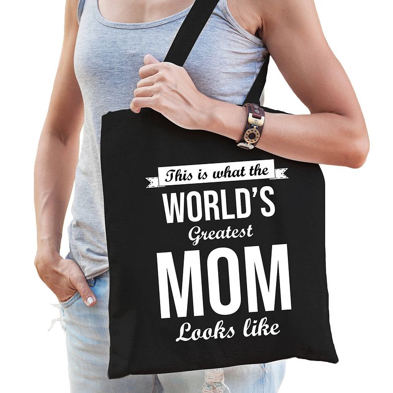 Foto van Worlds greatest mom kado tasje voor moederds verjaardag zwart voor dames - feest boodschappentassen