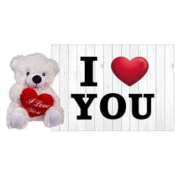 Foto van Pluche knuffel valentijn i love you beertje 22 cm met hartjes wenskaart - knuffelberen