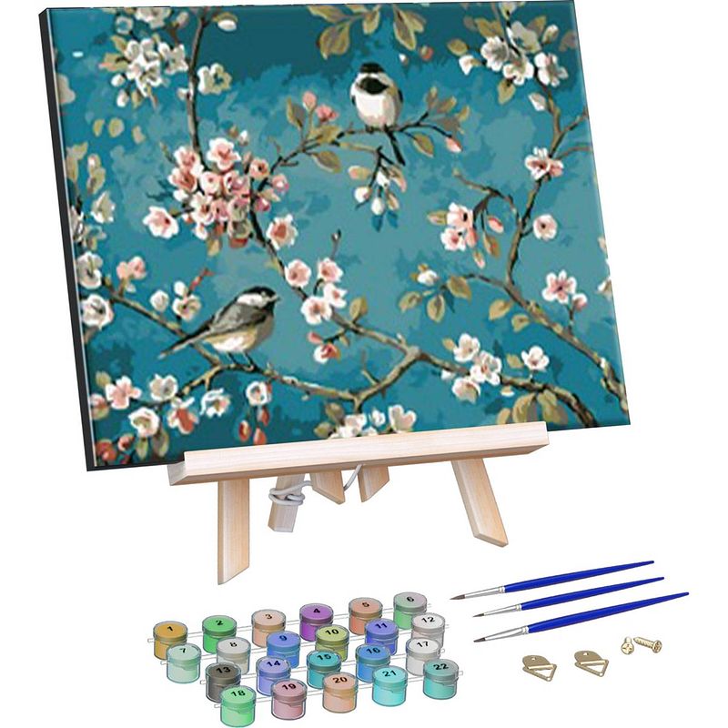 Foto van Rubye® schilderen op nummer volwassenen - vogels en bloemen - met canvas schildersdoek en penselen - 40x50cm