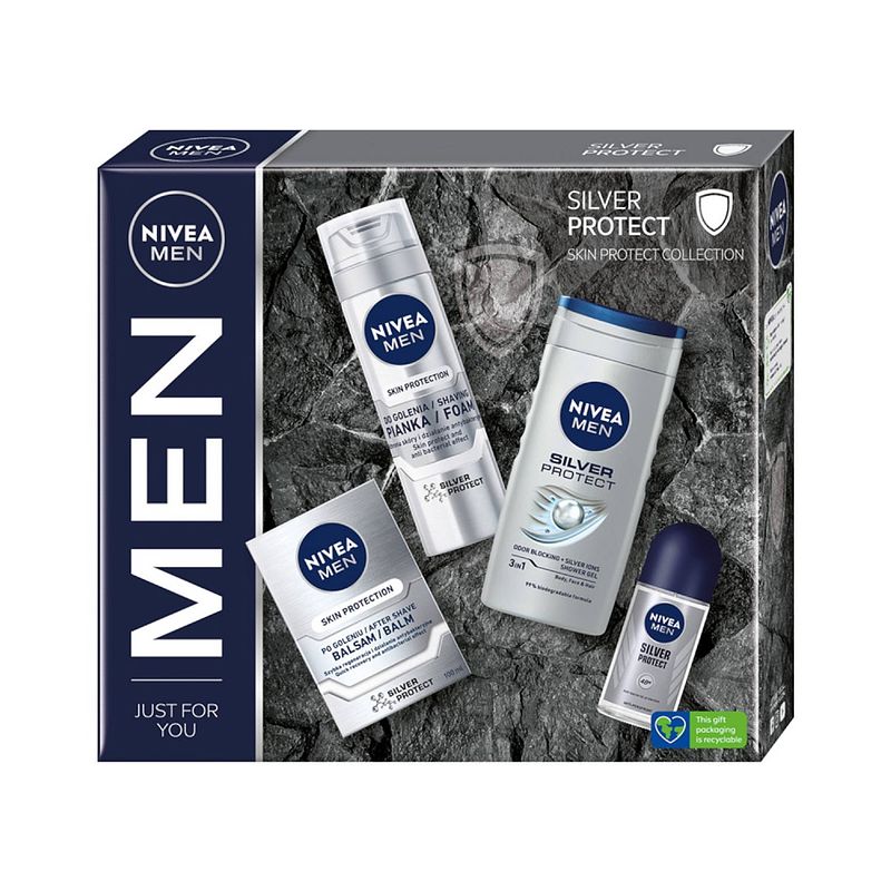 Foto van Men silver protect scheerschuim 200ml + aftershave balsem 100ml + antitranspirant roll-on 50ml + douchegel 250ml