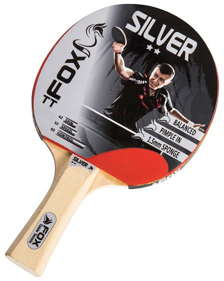 Foto van Fox tt tafeltennisbat silver 2 star 23 cm hout/rubber blank/rood