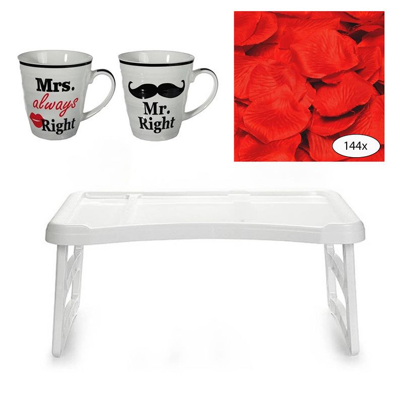 Foto van Bedtafel en koffiebeker set - mr right en mrs always right - valentijn cadeautje voor hem / haar - dienbladen