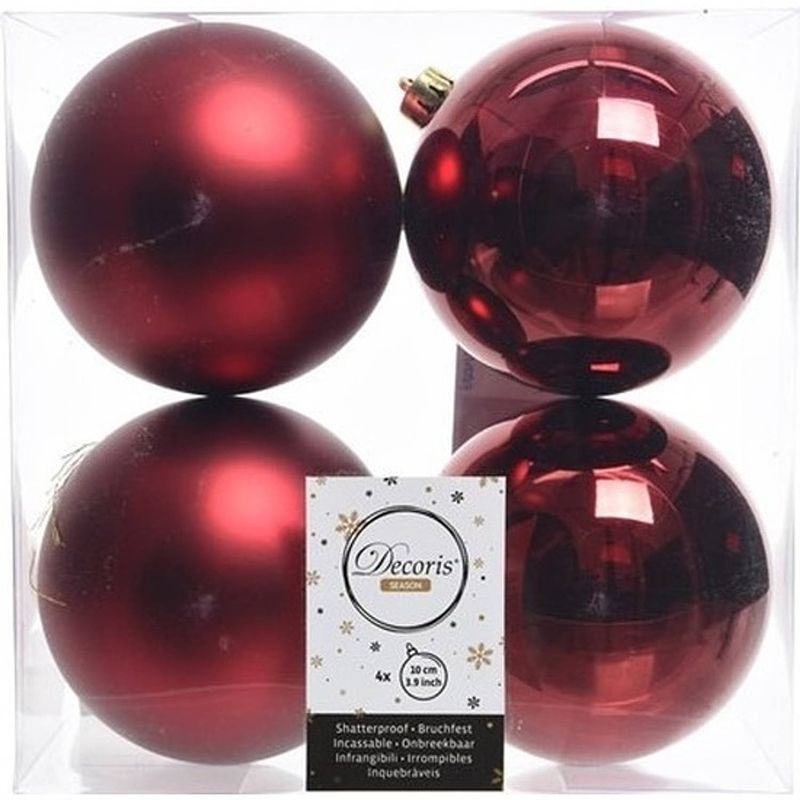 Foto van 4x kunststof kerstballen glanzend/mat donkerrood 10 cm kerstboom versiering/decoratie - kerstbal