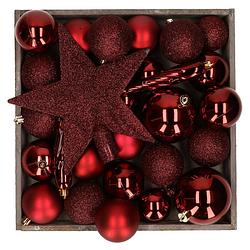 Foto van Kunststof kerstballen - 45x stuks - met ster piek - donkerrood - kerstbal