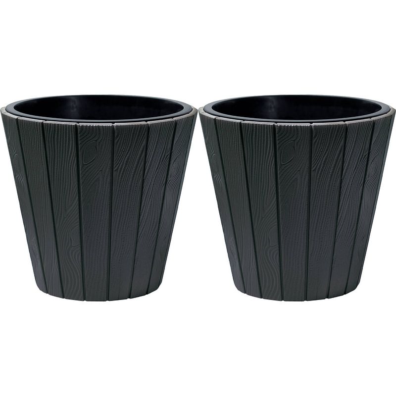 Foto van Prosperplast plantenpot/bloempot wood style - 2x - buiten/binnen - kunststof - antraciet - d49 x h45 cm - plantenpotten