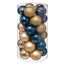 Foto van 30x stuks kerstballen mix blauw/champagne glans en mat kunststof 6 cm - kerstbal