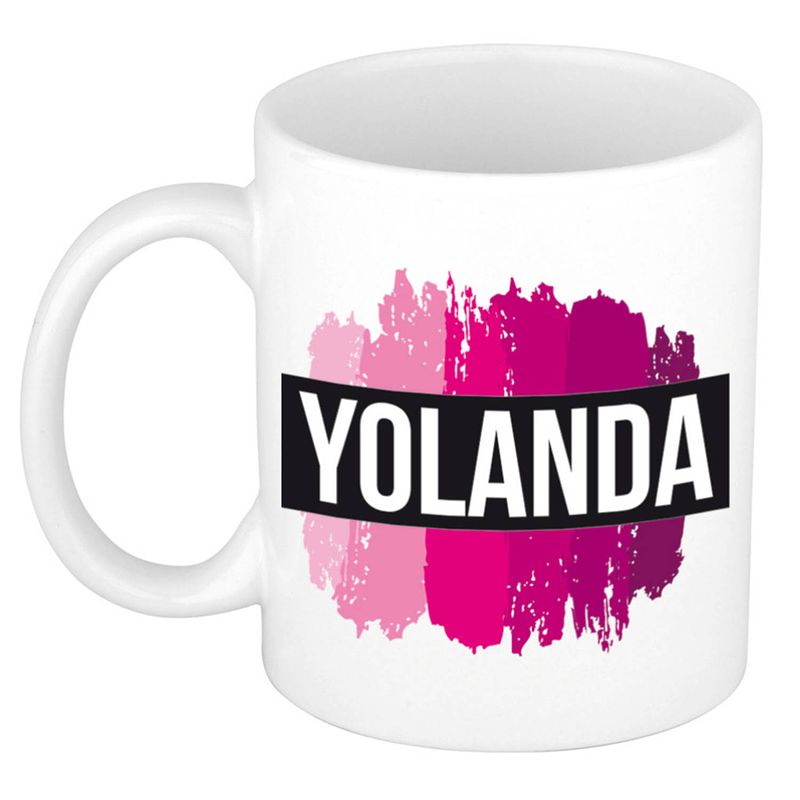 Foto van Naam cadeau mok / beker yolanda met roze verfstrepen 300 ml - naam mokken