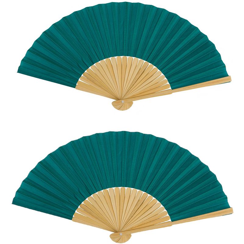 Foto van Spaanse handwaaier - 2x - pastelkleuren - smaragd groen - bamboe/papier - 21 cm - verkleedattributen