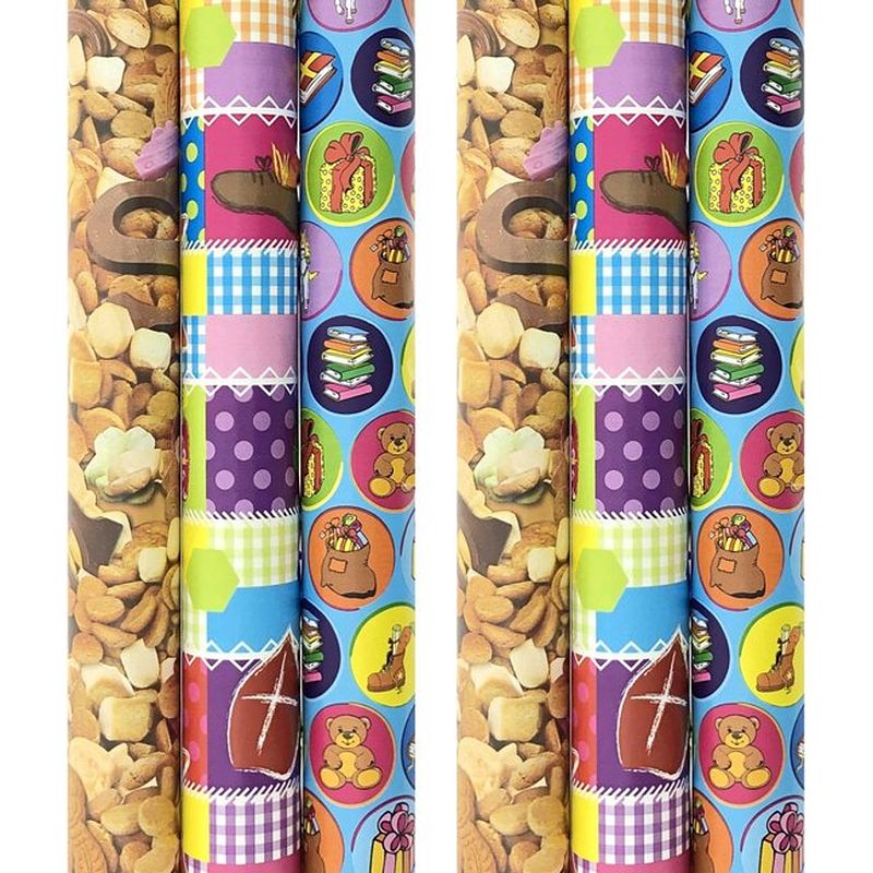 Foto van Assortiment sinterklaaspapier cadeaupapier inpakpapier xxl - 3 meter x 100 cm - 6 rollen