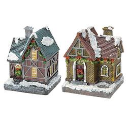 Foto van 2x kersthuisjes/kerstdorpje met gekleurde verlichting 13 cm - kerstdorpen