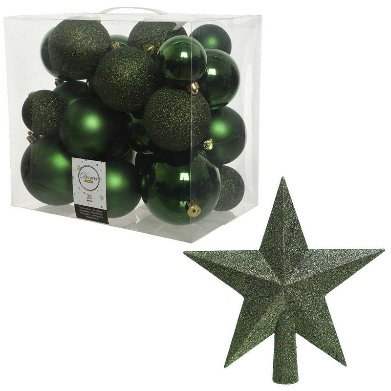 Foto van Kerstversiering kunststof kerstballen met piek donkergroen 6-8-10 cm pakket van 27x stuks - kerstbal