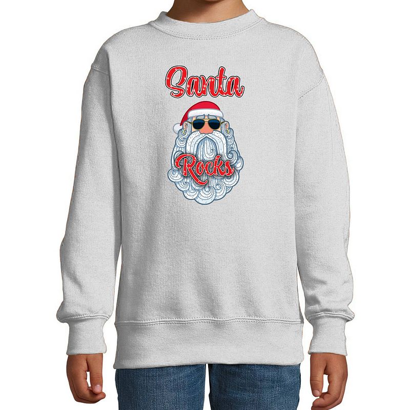 Foto van Bellatio decorations kersttrui/sweater voor kinderen - kerstman - santa rocks - grijs 5-6 jaar (110/116) - kerst truien