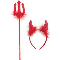 Foto van Funny fashion duivels verkleed setje - hoorntjes diadeem en trident - rood - verkleed accessoires - verkleedhoofddeksels