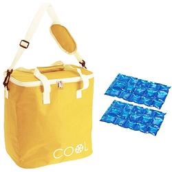 Foto van Koeltas draagtas schoudertas geel met 2 stuks flexibele koelelementen 18 liter - koeltas