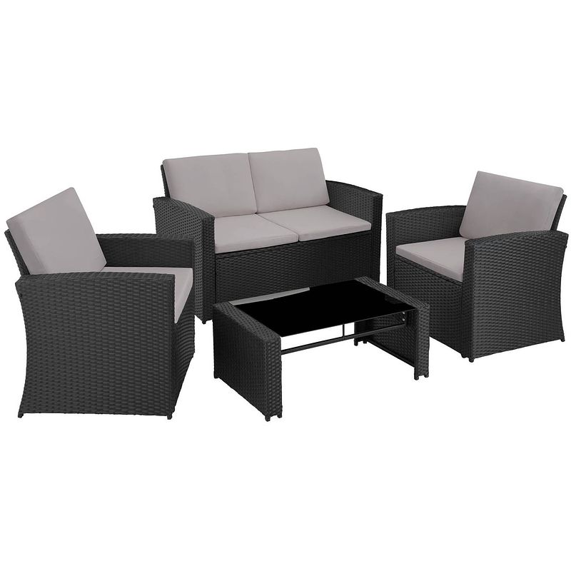 Foto van Tectake® - wicker zitgroep loungeset tuinset lucca - 1 bank - 2 stoelen - 1 tafel met glasplaat - zwart grijs - 405015