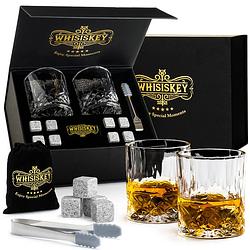 Foto van Whisiskey luxe whiskey set - incl. 2 whiskey glazen, 8 whiskey stones, 2 onderzetters, fluwelen opbergzak, opbergbox - w
