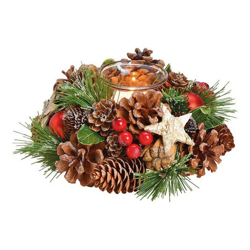 Foto van Complete kerststukjes krans met theelichthouder en decoratie 17 cm - kerststukjes