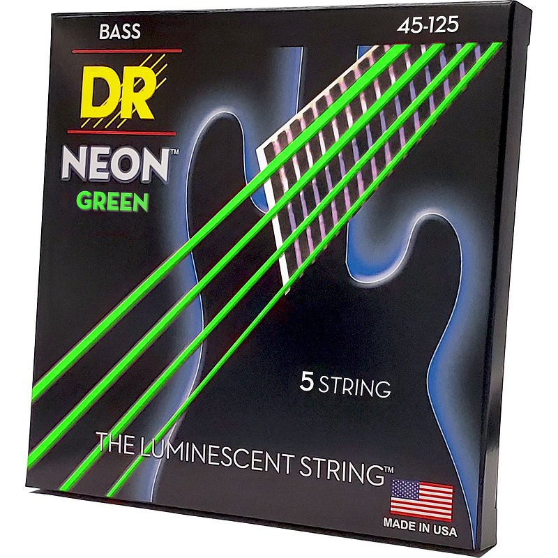 Foto van Dr strings ngb5-45 hi-def neon green 45-125 set 5 snaren voor elektrische basgitaar