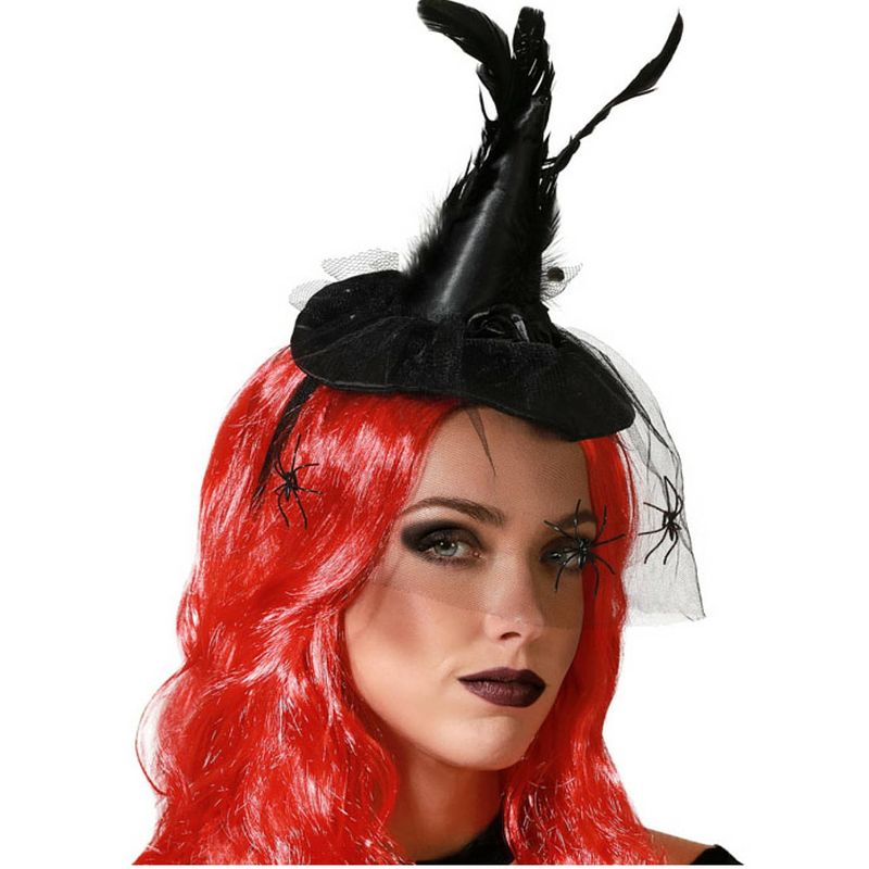 Foto van Halloween heksenhoed - mini hoedje op diadeem - one size - zwart - met sluier - meisjes/dames - verkleedhoofddeksels