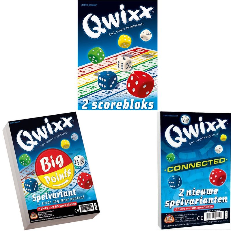 Foto van Spellenbundel - 3 stuks - dobbelspel - qwixx scoreblocks & qwixx big points & qwixx connected