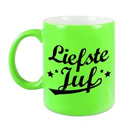 Foto van Liefste juf cadeau mok / beker neon groen 330 ml - feest mokken