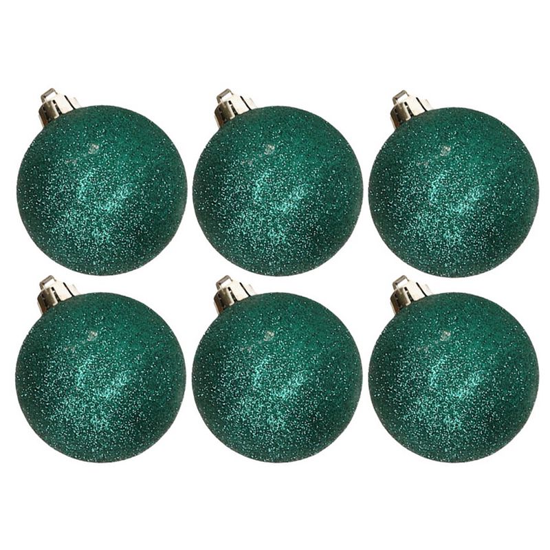 Foto van 6x stuks kunststof glitter kerstballen donkergroen 6 cm - kerstbal