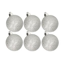 Foto van 6x stuks kunststof glitter kerstballen zilver 6 cm - kerstbal